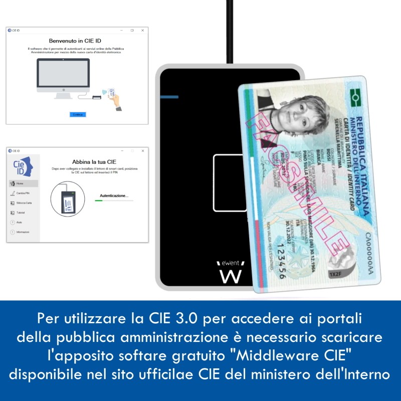 Lettore CIE 3.0, Smart Card, firma digitale, carte servizi - Ewent EW1053